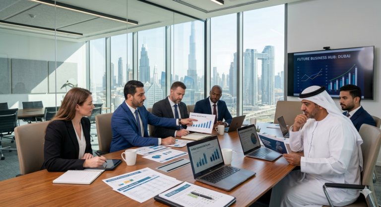 Business professionals discussing long-term growth strategies in a modern corporate office.